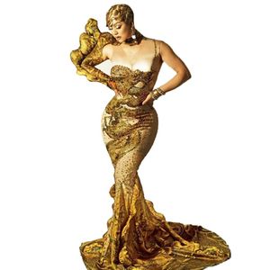 Ballroom Sparkly Strass Gold Dragon Pattern Abito a sirena lungo fino al pavimento Abito da sera per feste Cantante Host Model Catwalk Stage 245A