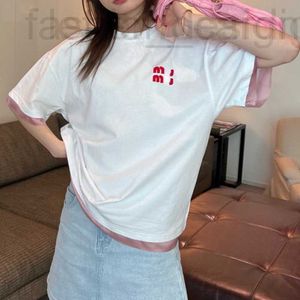 여자 티셔츠 디자이너 여성 스웨트 셔츠 미우 티셔츠 크롭 Top Top T 셔츠 가짜 두 조각 짧은 슬리브 Tshirt 고급 자수 Tshirts Cotton Loose Plus