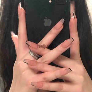 Unhas Postiças 24pcs Nude Preto Curto Bailarina Francesa Unhas Postiças Prensas com Desenhos Acabadas Kit de Unhas Falsas x0703