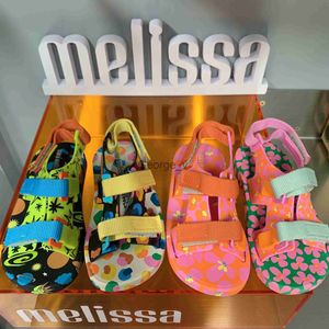 Sandals Melissa Colorful Contrast Children's Sandals Baby Kids Canvas Button Flat Bottom Sandals Boys Girls Roman Beach Shoes Jelly Shoe J230703