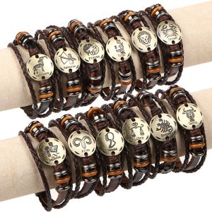 60pcslot 12 Constellation Zodiac Braided Brown Leather Bracelets Bangles For Men Women Punk Aries Leo Libra Jewelry Wholesale