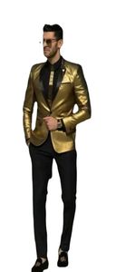 Modische glänzende goldene Hochzeitsanzüge für Männer, günstige Smokings, schmale Passform, Bräutigamkleidung, Herren-Hochzeits-Smoking, Jacke und Hose