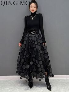 Skirts QING MO Polka Dot Women Skirt Black 2023 Spring Summer Korean Fashion Trend Patchwork Mesh Streetwear Dress ZX016 230703