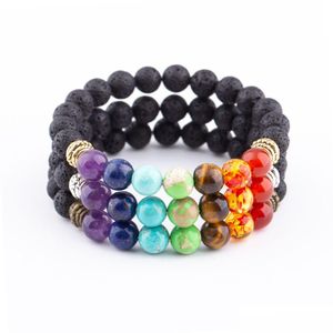 Perline 8Mm Lava Stone Seven Chakra Strand Bracciale Fai da te Aromaterapia Diffusore di olio essenziale Bracciali per donna Uomo Yoga Buddha Energ Dhzl8