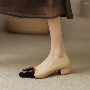 Sapatos sociais femininos color block salto grosso fivela laço couro macio salto médio damasco 2023