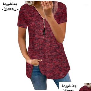 Women'S T-Shirt Womens Sexy Summer Half Sleeve Lace Shirt Women Casual Zipper V Neck Loose T Plus Size Comfortable Sling Elegant Plo Dh5Bt