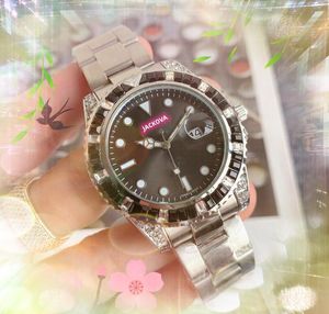 Montre de Luxe Japonya Kuvars Hareket Erkekler 41mm Otomatik Tarih Shinning Rainbow Diamonds Ring Saat Katı İnce Paslanmaz Çelik Bant Süper Çoklu Renkler Saat