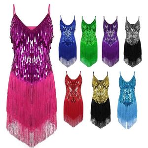 Leistung Frauen Tanz Kleidung Salsa Hosenträger Kleid V-ausschnitt Wettbewerb Kostüm Set Ballsaal Pailletten Fransen Mädchen Latin Dresses255p