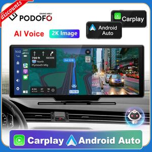 New Podofo Car Mirror Video Recording Carplay Android Auto Wireless Connection GPS Navigation Dashboard DVR AI Voice