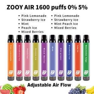 Engångs elektronisk cigarett zooy air 1600 puffs ångar justerbart luftflöde 5 ml fyllning olja e-liquid 850mAh batteri elektronisk cigarett penna kaka engångsvap