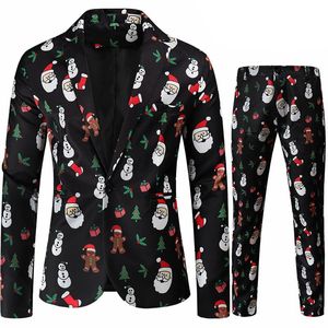 Jackets Red Printed Twopiece Men's Christmas Suit (jacket + Pants) Stylish Male Blazer Coat with Trousers Black Green Blue S4xl