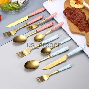 Dinnerware Sets Nordic Ceramic Stainless Steel Cutlery Coffee Dessert Spoon Marbling Handle Western Steak Knife Fork Kitchen Golden Tableware x0703