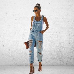 Jeans mode slouchy kvinnor blå övergripande jeans rippade arbetskläder denim jumpsuit lösa fickiga smala hängslen byxor kvinnlig jean