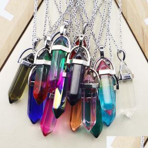 Hänge halsband Rainbow Glass Hexagonal Column Point Black Cord Necklace Cylindrical Charms Minerals Healing Crystal Jewelry Drop DH6VW