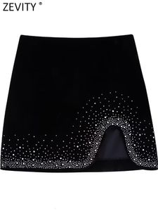 Юбки Zevity Women Fashion Shinning Sequined Design Dergular Velvet Mini Skirt Faldas Mujer Женский шикарный Zipper vestidos Qun2663 230703