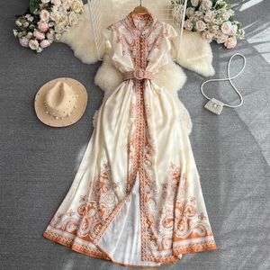 European and American retro court style elegant long dress with flying sleeves standing collar waistband single breasted print A-line dress