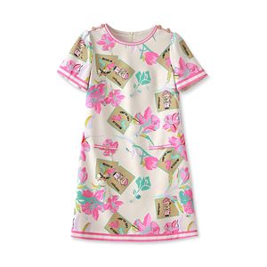 2023 Summer Pink Cartoon Floral Print Dress Kort ärm Runda nack Knäslängd Casual Dresses W3L046409