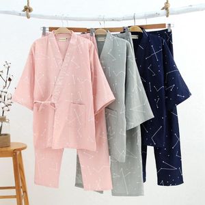 Pijamas femininos estilo japonês quimono pijama conjunto amantes sete manga feminino algodão gaze casa roupas bonito doce 2 peças