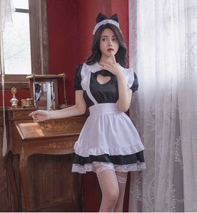 Sexy Set Cute Maid Costume Sexy Mini Lolita Abito in pizzo Anime Cosplay Kitty Girls Cotton Grembiule Lovely Halloween Outfit per le donne BlackHKD230703