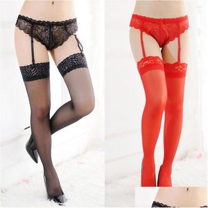 Socks Hosiery Women Sexy Erotic Lingerie Sheer Black/Red Lace Top Knee High Stockings Pantyhose Garter Belt G-String Products Drop Dhqzx