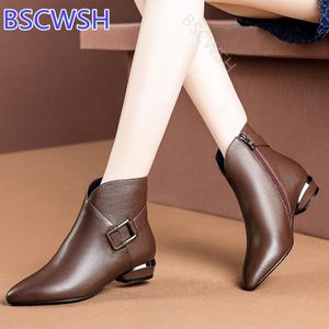 Boots 2021 Winter New Women's Ankle Boots European Fashion Pointed Thick Heel Short Boots Lowheeled Belt Female Ladies Boots