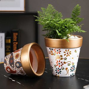 Planters POTS Red Retro Printing International Pot Ceramic Golden Flowerpot Pot Planters för inomhusväxter R230614