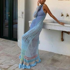 Kadın Mayo Yiiciovy Kadınlar Uzun Örgü Elbise Kontrast Renk Renk Bollow-Out See-One Omuz Kılıf Plaj Bikini Örtüsleri