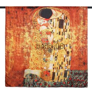 Шарфы Gustav Klimt Oil Painting Silk Scarf для женщин Luxury Brand Дизайнер Silk Shawer Der Kuss Folarard Femme Summer Beh Bee Cust Up New J230703