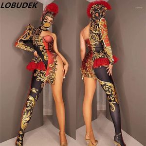 Stage Wear Nightclub Sexy Women Men Team Dance Costume Vintage Print One Shoulder Jumpsuit Headgear Uniform Outfit Cosplay Show We3301