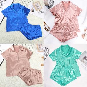 Women's Sleep Lounge Solid Color Satin Pajamas With Shorts Sleepwear Suit Silk Pyjama For Women Short Sleeve Casual Pajama Sets Women Homewear Spring