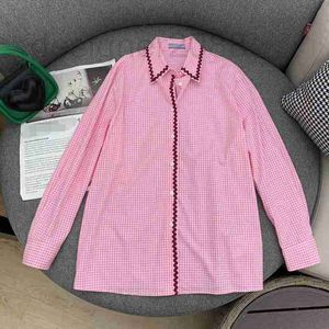 Blusas femininas camisas de design redutor de idade doce estilo menina rosa xadrez ondulado renda camisa de manga longa top solto casual contraste cor tendência MFHG