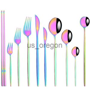 Dinnerware Sets 1pcs Flatwar Fork Knife Spoon Set Cutlery Tableware Dinning Rainbow Table Steel Kitchen Complete Dinner Set for Dropshipping x0703