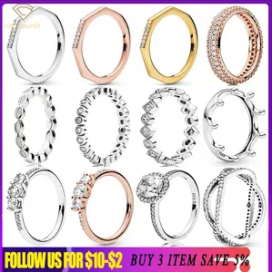 925 Silverkvinnor passar Pandora ringar Original Heart Crown Fashion Ring Ose Gold Ring Clear Three-Stone Crown Round Sparkle