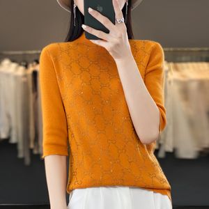 Men s T Shirts Chinese Knot Inlaid With Diamond Pattern 2023 100 Wool Knitted Summer T Shirt High End Cashmere Women s Sweater 230701