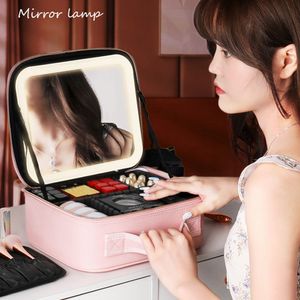 Storage Holders Racks Travel Makeup Bag with Mirror 3color Lights Adjustable Dividers Organizer Case Waterproof Cosmetic Train Cases for Women 230703