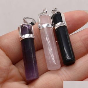 Charms Healing Cylinder Pillar Pink Amethyst Black Agate Stone Rose Quartz Crystal Pendant Diy Necklace Women Fashion Jewelry Findin Dhszc