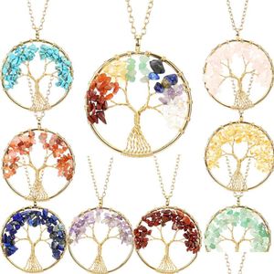 Pendant Necklaces Boho Irregar Chip Stone Crystal Wire Wrap Tree Of Life Amethyst Rose Quartz Chakra Beads Necklace For Women Jewelr Dh8B3