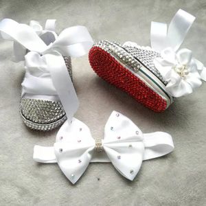 Outdoor Dollbling Bling Rhinestones Baby Canvas White Ribbon Hair Bows Headband Gift Keepsake Birthday Newborn Toddler Crib Shoes Pearls