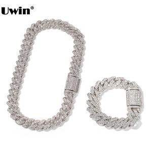 Earrings Necklace UWIN 18mm Zinc Alloy Miami Cuban Chain Necklace/Bracelet Set For Men Iced Out Bling Rhinestones Hip Hop Jewelry Drop 230703