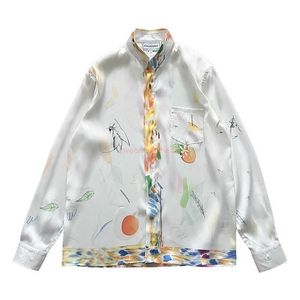 Casa Designer Fashion Clothing Shirts 23 New High Quality Casablanca Artist Orange Print Men's Women's Solto Versátil Silk Sleeve Shirt