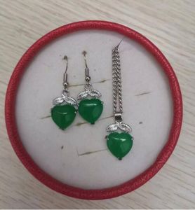 colar de pingente de prata 925 jade malaio verde coração amor conjunto de brincos conjunto de 2 peças de joias