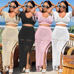 Zweiteiliges Kleid Sommer Strand Strickset Kurzarm Quaste V-Ausschnitt Crop Top und Schlitzrock Sexy elegante hohle Urlaubsoutfits 230630