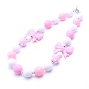 Mode Kinder Weiß + Rosa Bowknot Chunky Bubblegum Perlen Halskette Für Mädchen Halsband Halskette Kind Party Geschenk