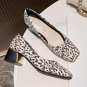 Dress Shoes Women Spring Summer Girl Square Heels Leopard Pumps Fashion High OL Suede Leather Casual 35-43