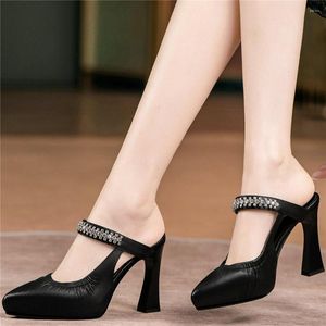 Sapatos sociais Punk Goth Mules Sandálias femininas de couro genuíno bico fino salto alto diamantes botas de tira no tornozelo sapatos de noiva casuais de escritório