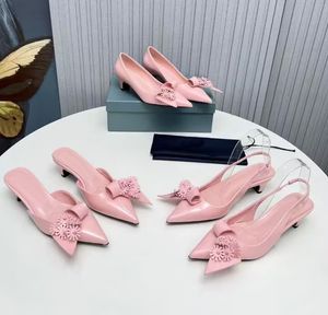 Genuine leather bottom women clothing designer shoes sandals fashionable pointed bow flower decoration medium high heels 5cm runway party work slippers Send box