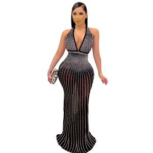 African Sequins Mermaid Formal Evening Dresses Long sexy Plus Size Sparkly Beaded Prom Pageant Gowns hang neck crystal Robe De Soiree