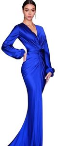 Eleganckie królewskie niebieskie sukienki wieczorne głębokie V Nakień Syrena z długim rękawem Arabiczna celebrytka sukienka na bal
