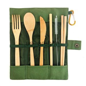 Dinnerware Sets 6pcs Natural Bamboo Cutlery Set Eco Friendly Travel Tableware Set Biodegradable Wooden Dinnerware Portable Outdoor Flatware x0703