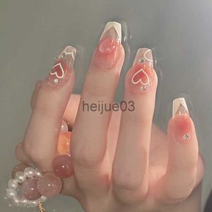 Unhas postiças New Gradient Heart Diamond Unhas falsas Press on Nail Designs Art Long Tips Formas falsas com adesivos em bastão de cola conjunto reutilizável x0703